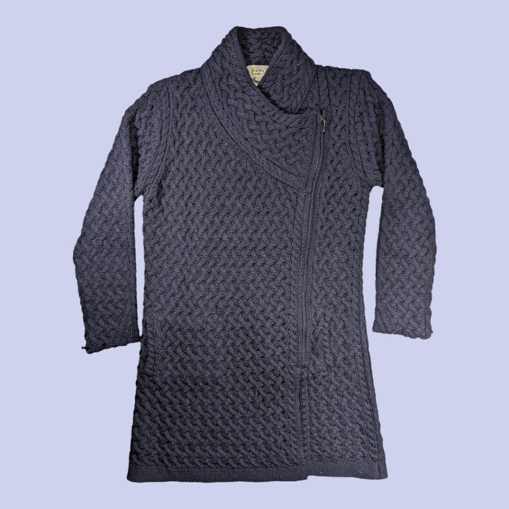 Aran Sweater Market | Women's Pure Wool Chunky Aran Jacket Side Zip Navy Large